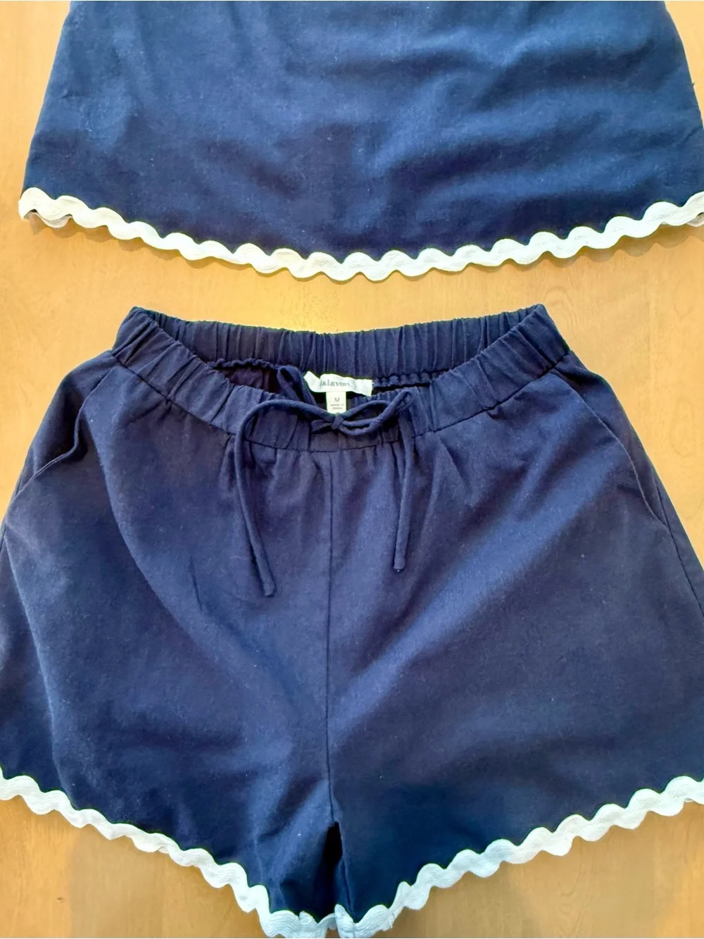Lalavon Medium Navy Blue Linen Blend Scallop-Trim Sleeveless Top & Short Set